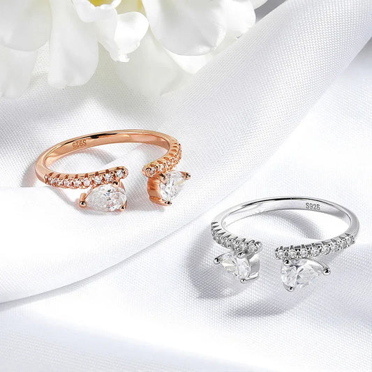Double Pear Cut Moissanite Rings for Women Adjustable 5-9 Size Lab Diamond Wedding Female Jewelry 925 Sterling Silver