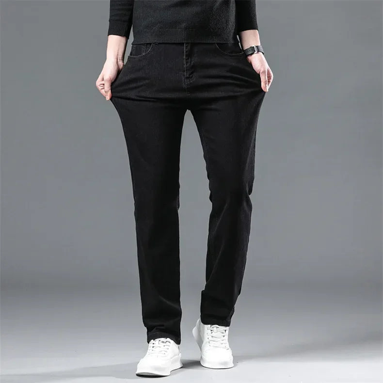 2025 New Winter Men Black Straight Stretch Denim Thick Velvet Pants Warm Jeans Casual Fleece Line Trousers Male Plus Size