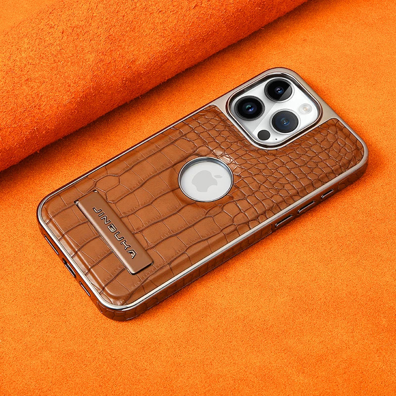 Crocodile Pattern Leather invisible Kickstand Magnetic Case For iPhone 15 16 Pro Max 14 Plus 13 12 Wireless Charging For Magsafe