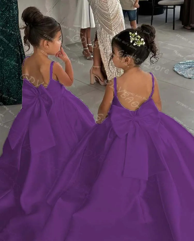 White Flower Girl Dress With Bow Strap Mini Bridal Wedding Dress Kids Ball Gown 1st Communion Frock Customized Vestidos De Noiva