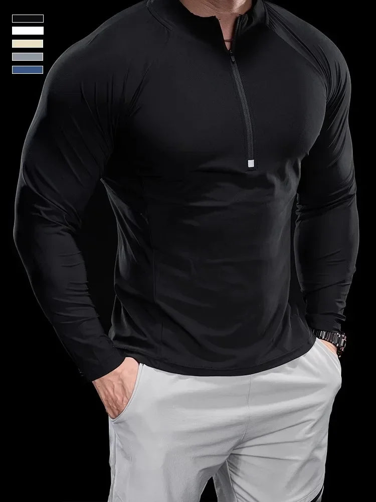 2024 New Men Sports T-shirt Gym Fitness Tops Running Training Clothes Autumn Round Neck Quick-drying Breathable Long Sleeves