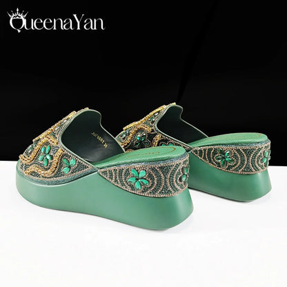 High Quality 2025 Newst Hot Selling Open Toe Slingback Sandals with Bag Set in Green Color For Women Wedding Party
