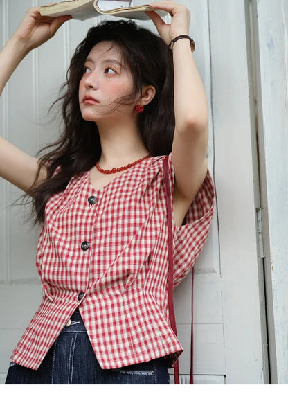 Women's Fashion V-neck Shirt 2026 Summer New Plaid Ladies Red Button Shirt Casual Retro Top Female Clothing MXE37X1921
