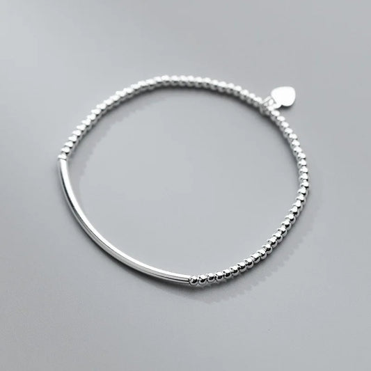 Bracelets 16 cm pour femmes Argent 925 Cœur Argent Corde Élastique Chaîne Perles Rondes Bracelet en Argent Sterling 925 pour femmes