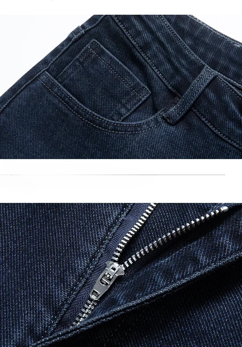 Men's Thicken Fleece Straight Jeans Winter Business Casual Stretch Denim Pants Warm Plush Brand Trousers Pans Male Classic