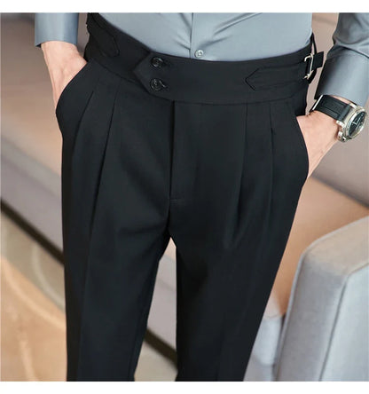 British Style Autumn New High Waist Trousers Men Belt Design Slim Fit Suit Pants Office Social Wedding Party Formal Pants Hommes