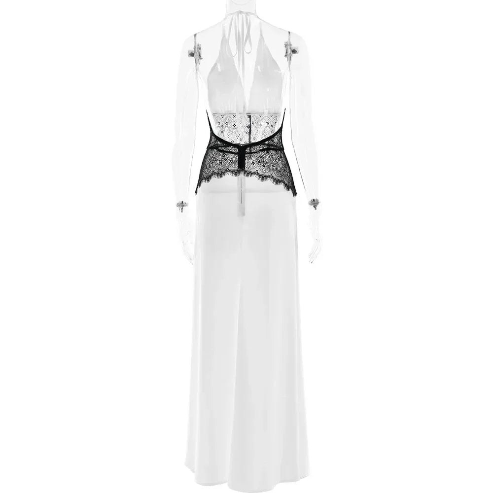 Sexy Deep V-neck Backless Lace Patchwork Satin Dresses for Women 2026 Summer Halter Sleeveless Long Maxi Party Evening Dress