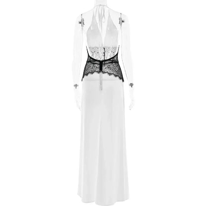 Sexy Deep V-neck Backless Lace Patchwork Satin Dresses for Women 2026 Summer Halter Sleeveless Long Maxi Party Evening Dress