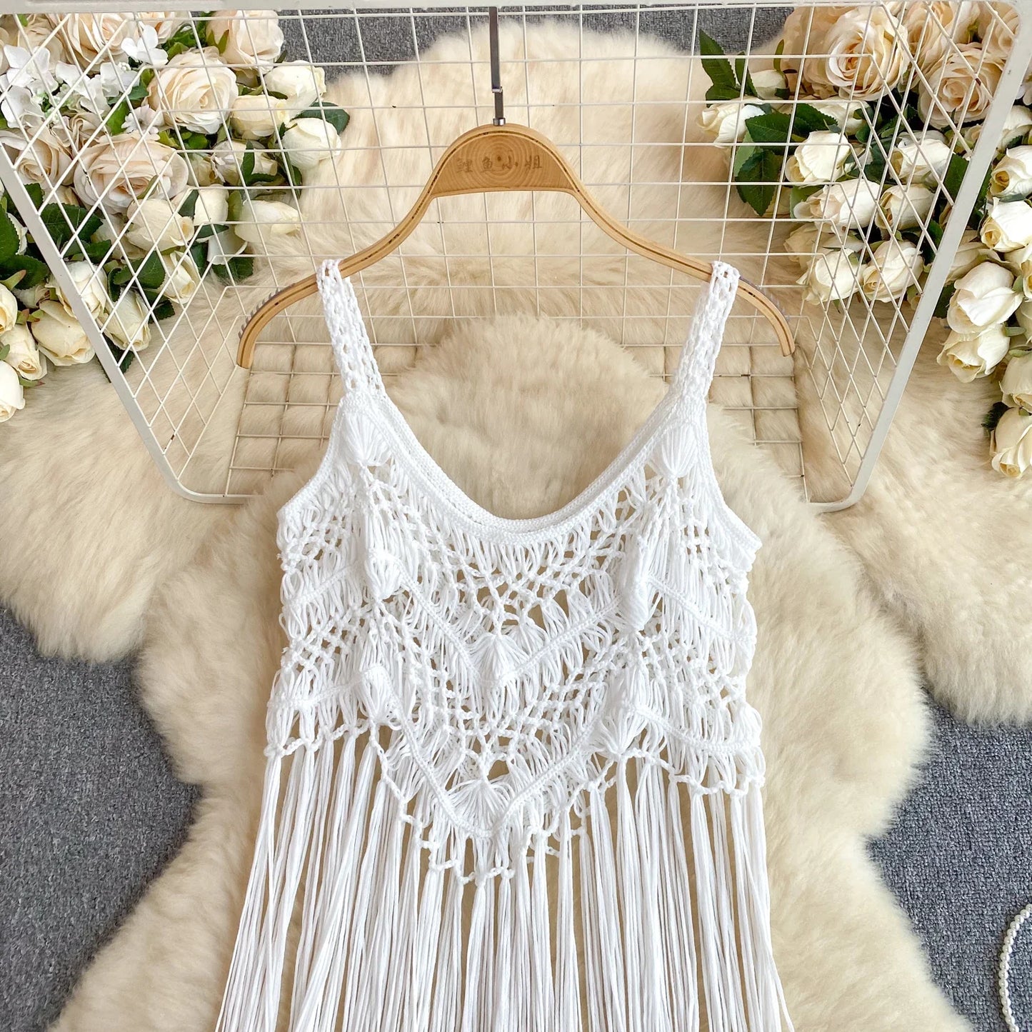 Retro Knitted Camis Bohemian Vacation Beach style Summer Tank 2024 New Women Strap Sleeveless Long Tassel Tops