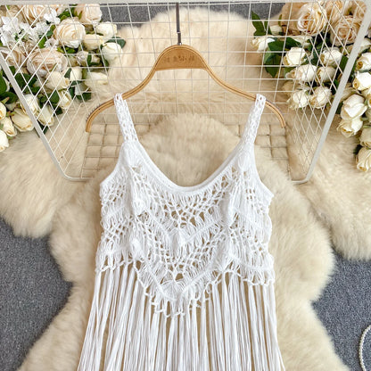 Retro Knitted Camis Bohemian Vacation Beach style Summer Tank 2024 New Women Strap Sleeveless Long Tassel Tops