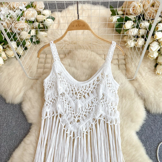 Retro Knitted Camis Bohemian Vacation Beach style Summer Tank 2024 New Women Strap Sleeveless Long Tassel Tops