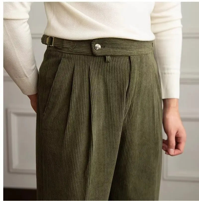 Classics Italian Naples Style Men's Suit Corduroy Pants Men High Waist Straight Work Formal British Business Brand Trousers Male