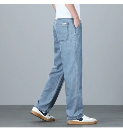 High Quality Spring Summer Lyocell Men's Jeans Loose Straight Wide Leg Casual With Slant Pockets Trousers Male  Plus Size 40