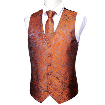 Men's Fashion Orange Paisley V-Collar Vest Waistcoat With Hankerchief Cufflinks Fit Wedding Party Gift Daily Banquent