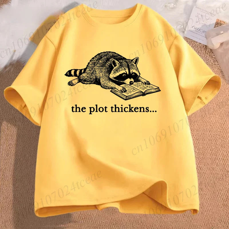 Bookish Raccoon Graphic T-Shirt Literary Book Lover Animal Tee Unisex Men Women Short Sleeve Casual Vintage Daily Fashion Tops