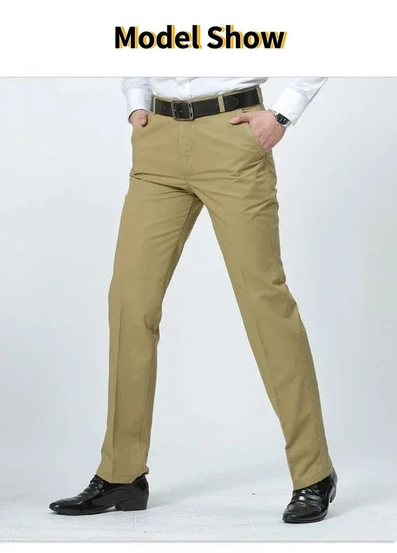 Summer Thin Pants 100% Cotton Men's Autumn Thick Suit Pant Slacks High Waist Straight Loose Bland Solid Business Casual Pants