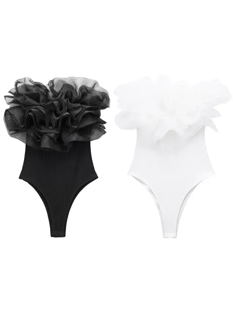 Willshela Women Fashion Ribbed Bodysuit With Organza Ruffle Vintage High Elastic Sexy y2k Female Chic Lady Tops body femme