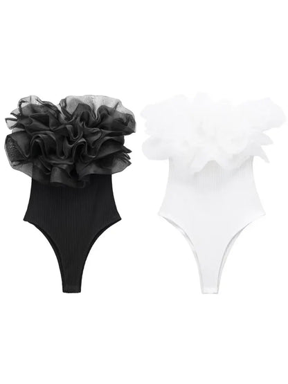 Willshela Women Fashion Ribbed Bodysuit With Organza Ruffle Vintage High Elastic Sexy y2k Female Chic Lady Tops body femme