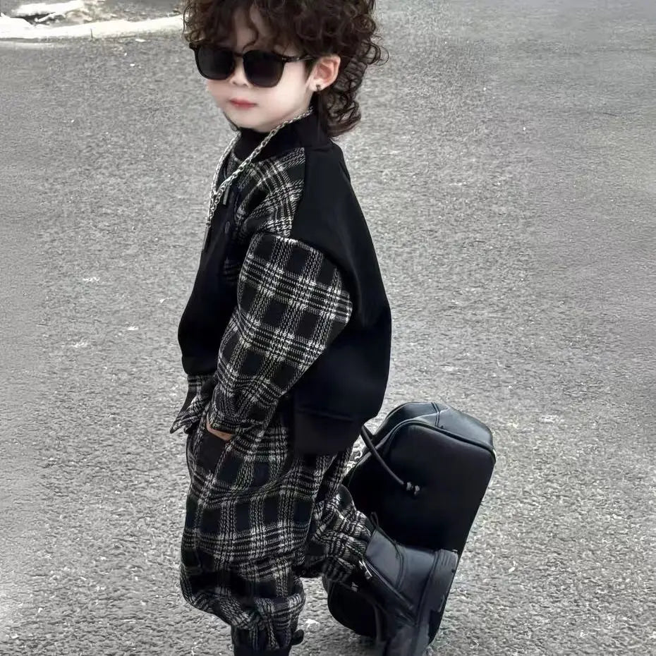 Baby Boys Children Clothes Spring Autumn Kid Fashion Splicing Plaid Coat + Plaid Pants 2Pcs Set Streetwear Handsome Sportswear