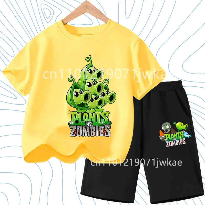 Children's Plants Vs. Zombies Short-Sleeved T-Shirt Set Cotton Summer Fashion Comfortable Top+pants for Boys and Girls
