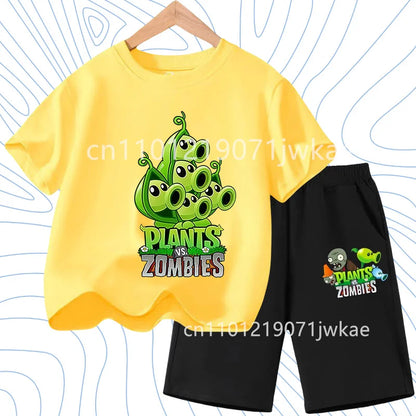 Children's Plants Vs. Zombies Short-Sleeved T-Shirt Set Cotton Summer Fashion Comfortable Top+pants for Boys and Girls