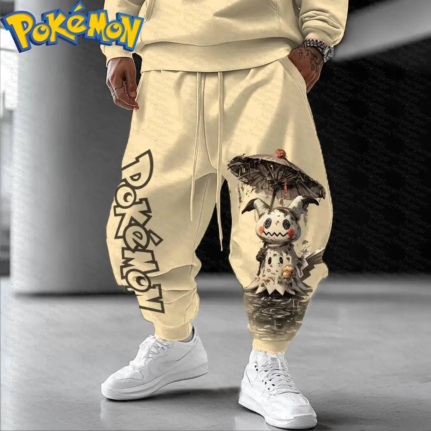Pokemon Anime Cotton Hoodie Harajuku Pants Set Beige Character Print with Umbrella Water Surface Pattern Two Piece Outfit