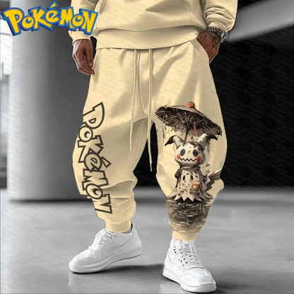Pokemon Anime Cotton Hoodie Harajuku Pants Set Beige Character Print with Umbrella Water Surface Pattern Two Piece Outfit