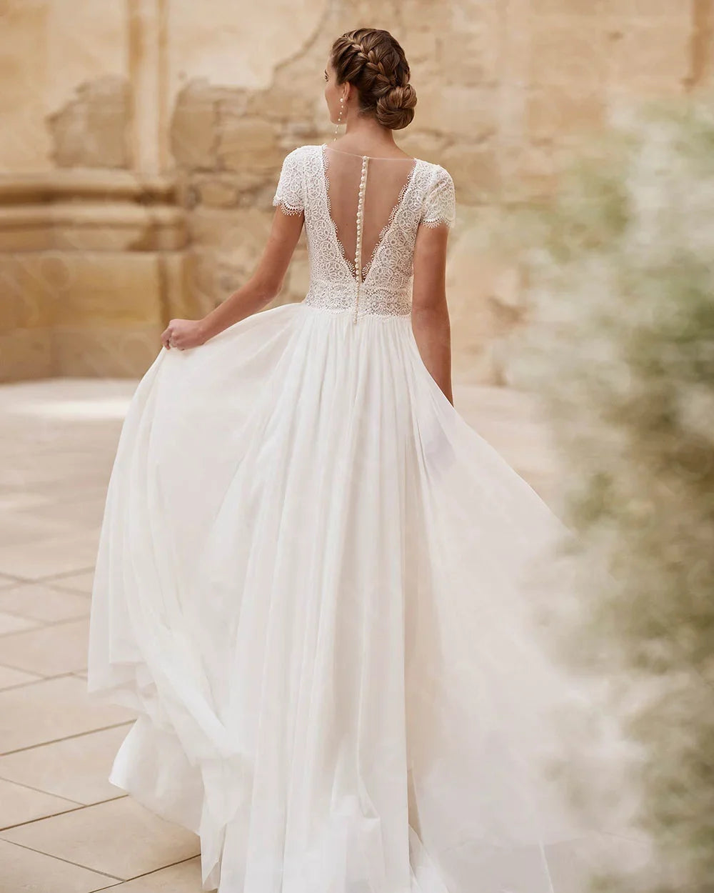 Customized Charming Lace Wedding Dresses Beach Bridal Gowns Boho Thigh Slit Bride Dresses Summer Wedding Gowns Short Sleeves