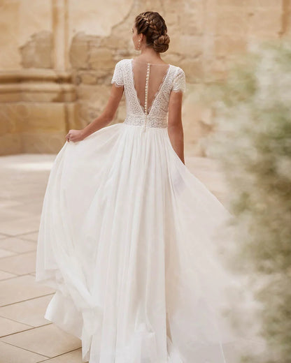 Customized Charming Lace Wedding Dresses Beach Bridal Gowns Boho Thigh Slit Bride Dresses Summer Wedding Gowns Short Sleeves