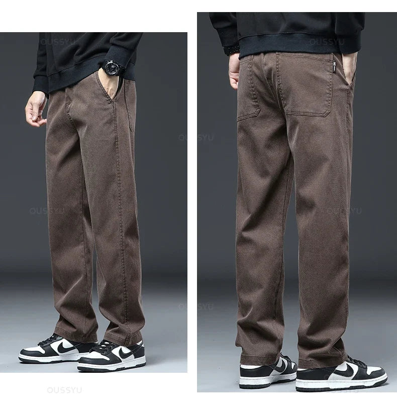 2025 New High Quality Soft Lyocell Fabric Jeans Men Elastic Waist Loose Straight Four Seasons Denim Trousers Male Plus Size 5XL
