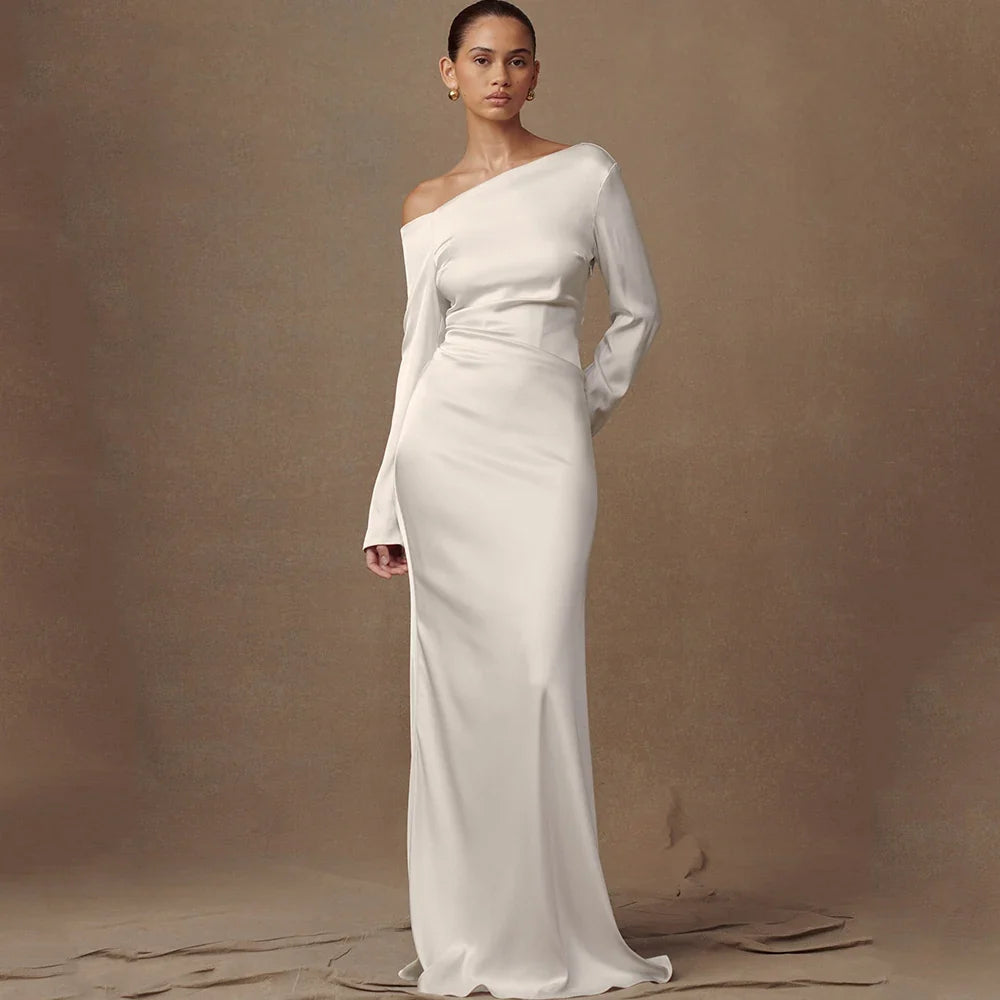 Simple Boat Neck Mermaid Wedding Dress Bride Long Sleeves Off the Shoulder with Buttons Soft Satin Customized Gowns