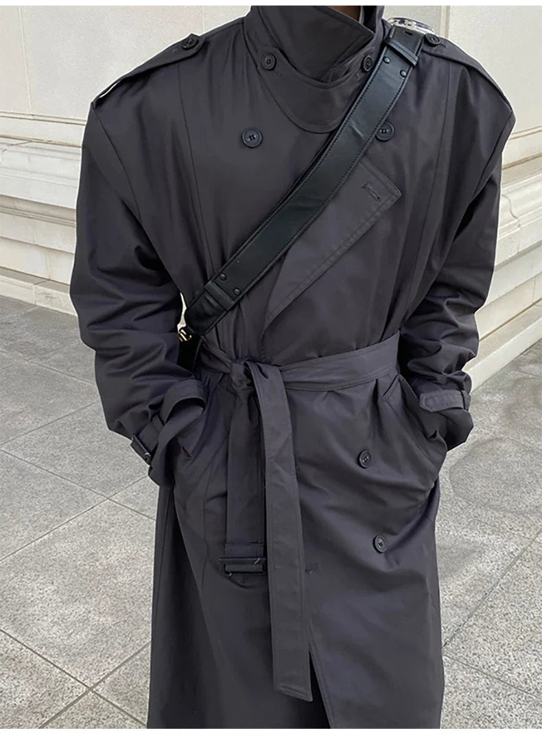Spring Autumn Cool Long Black Oversized Trench Coat Men Belt Double Breasted Loose Casual Windproof Outerwear 2022