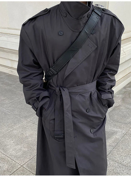Spring Autumn Cool Long Black Oversized Trench Coat Men Belt Double Breasted Loose Casual Windproof Outerwear 2022
