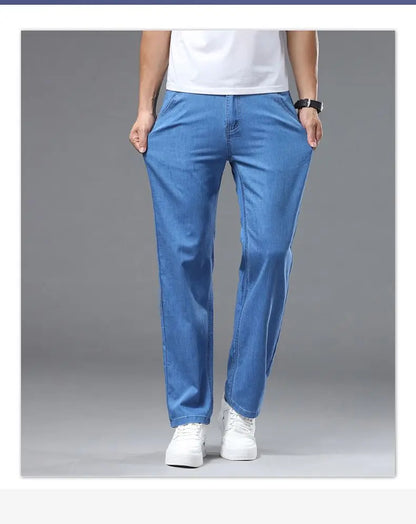 Light blue classic business jeans, fashionable breathable denim elastic pants, black blue men's straight leg jeans, sizes 28-40