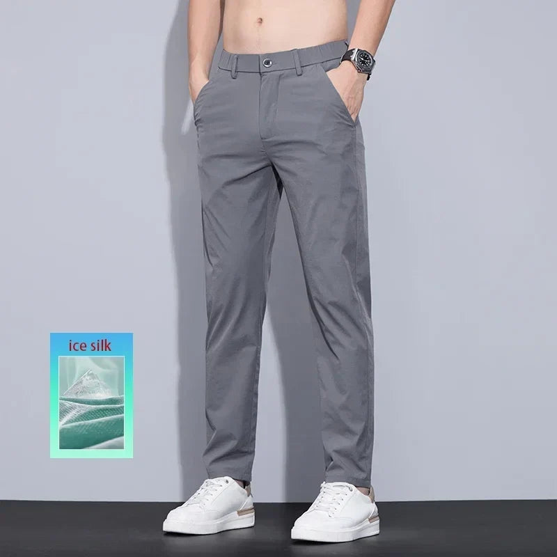 Men's Ice Silk Trousers Solid Color Korean Loose Breathable Straight-Leg Casual Pants Thin Quick-Drying Sports With Pockets