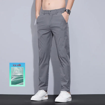 Men's Ice Silk Trousers Solid Color Korean Loose Breathable Straight-Leg Casual Pants Thin Quick-Drying Sports With Pockets