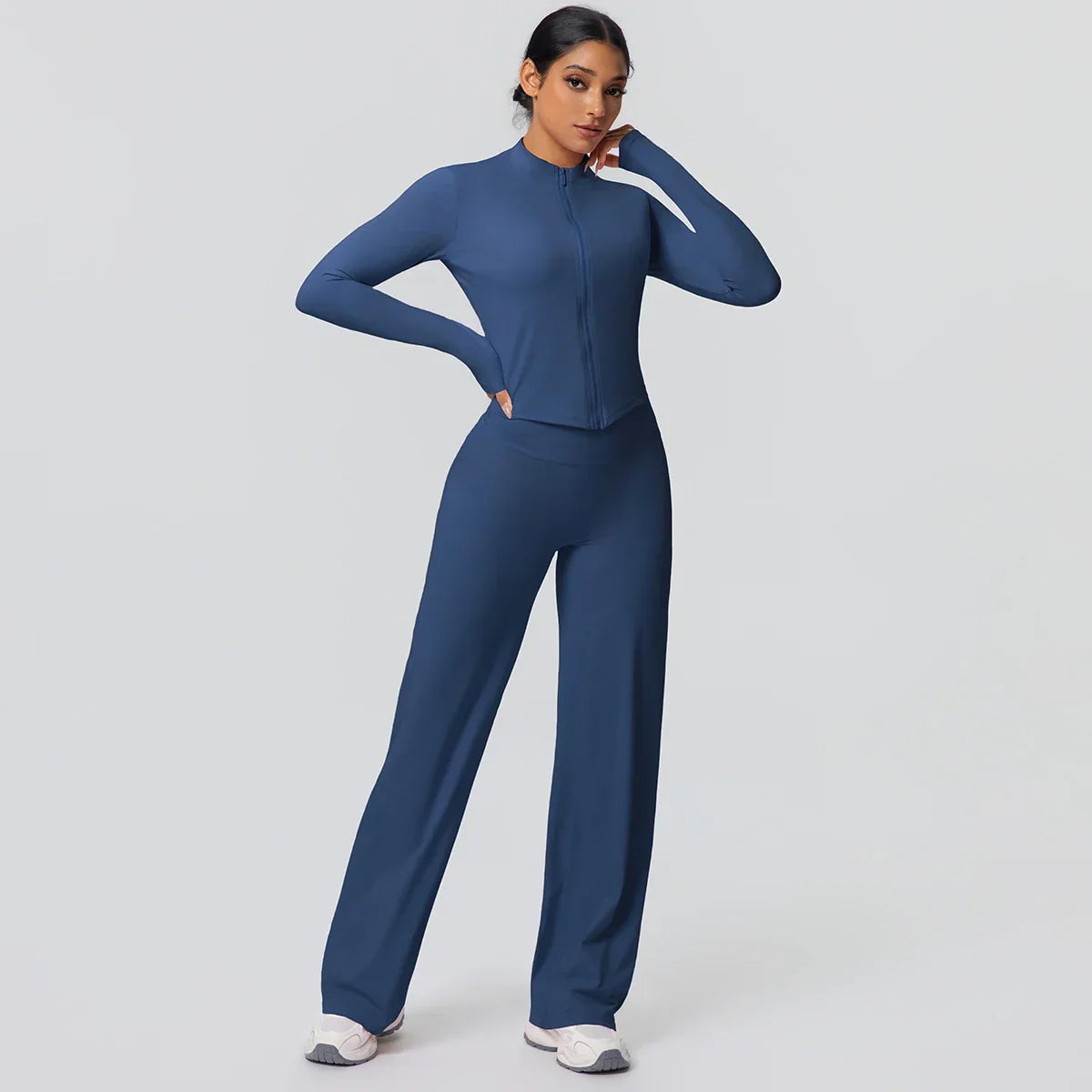 2pieces Quick Drying Sports Fitness Clothing Yoga Set Women Yoga Zipper Long Dleeves High Waisted Breathable Wide Leg Pants Set