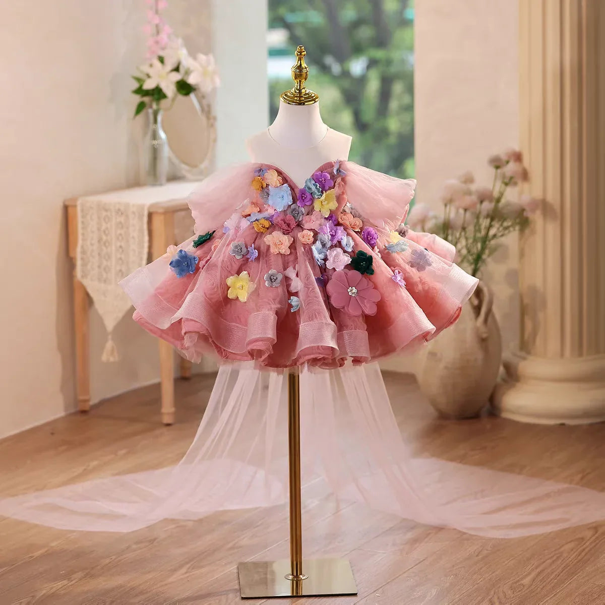 J565 Colorfu Pink Girl Dresses with Flowers Knee Length Off Shoulder Princess Wedding Birthday Party Pageant Ball Gown