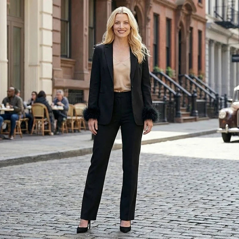 Women Fashion Satin Black With Feather Blazer Jacket Vintage Notched Neck Single Button Long Sleeves Female Outfits