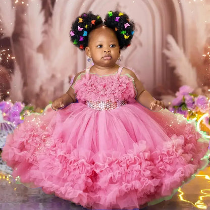 Customized Flower Girl Dress Purple Tulle Tiered Pearls Sleeveless For Wedding Birthday Party Banquet Prom Holy Communion Gown