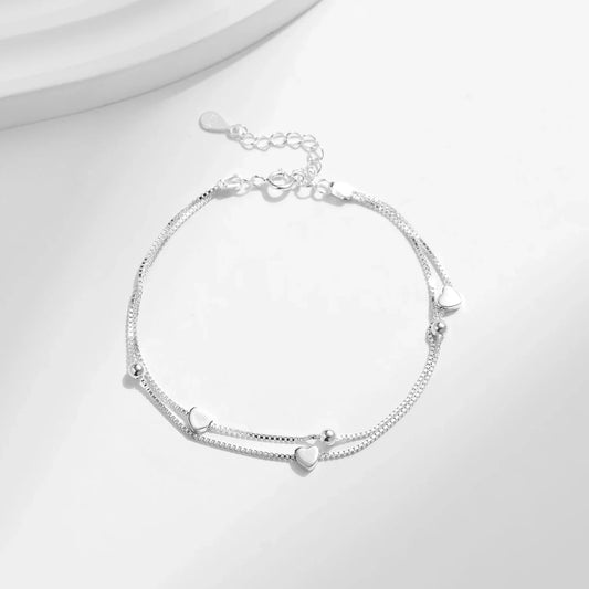 Bracelet Cœur Double Couche en Argent Sterling 925, Chaîne Maillons Simple Réglable pour Femmes, Bijoux Cadeaux de Noël