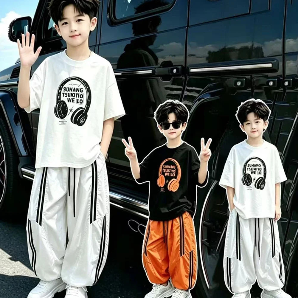 Street Style Children Luxury Summer Outfit Top And Bottom Set for Teen Boys T-shirt Pants Suit Kids Fashion Streetwear Clothes