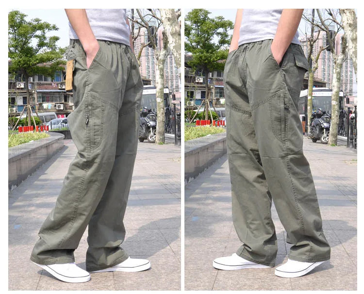 Spring Men cargo cotton pants pocket large size big 8XL 10XL 9XL 140KG loose out door casual safari style pants black 46 48 50
