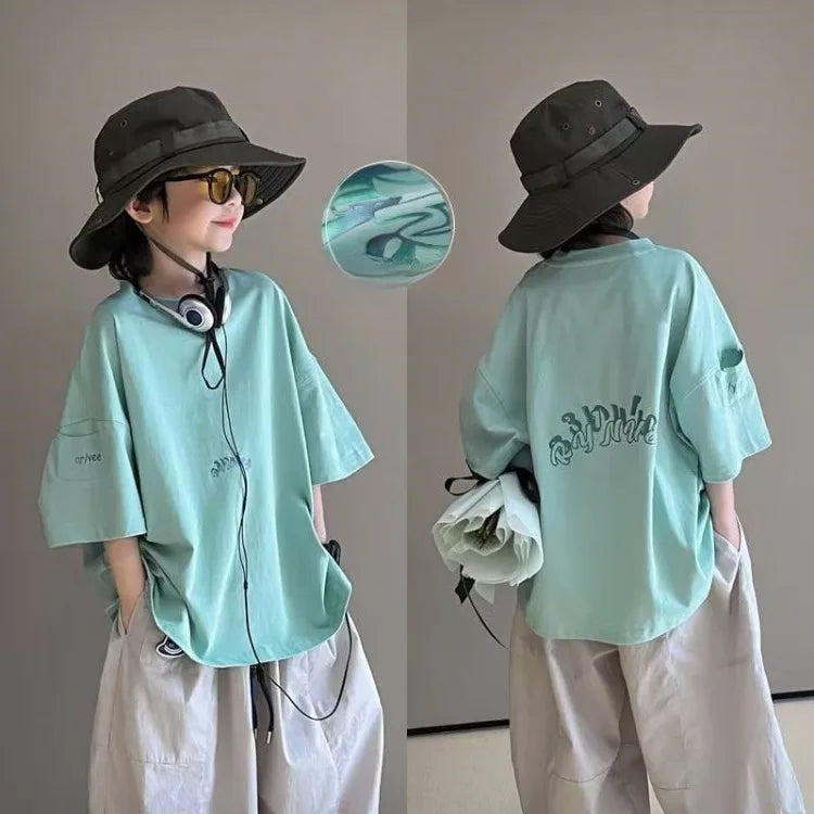New Boys' Short Sleeve T-Shirt 100% Cotton Summer Loose Fit Kids Large Size Handsome Trendy Tops