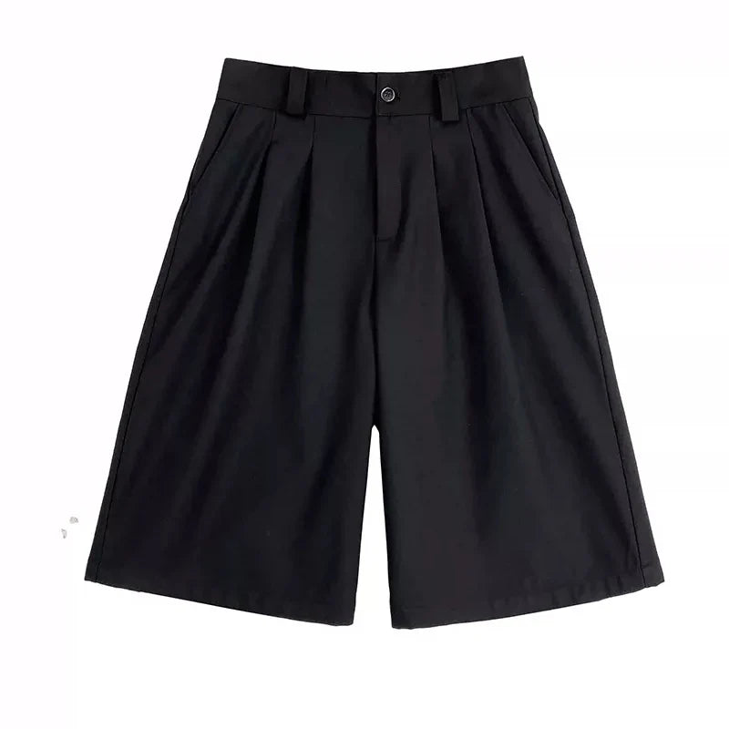 Spring Summer Loose Casual Soft Black Pleated Shorts for Men Mens with High Waist Short Straight Pants Clothes 2024