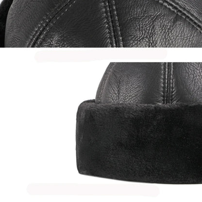 High Quality Autumn Winter Cap Hat PU Leather Thick Warm Pilot Hat Solid Black Fleece Lined Russian Cap 6 Panels Fur Hat