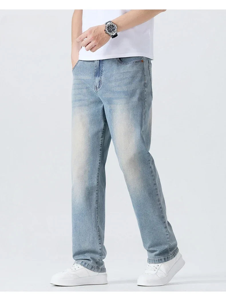 Summer Thin Straight Jeans Men's Clothing Soft Breathable Trousers Male Brand Comfortable Business Loose Denim Pants