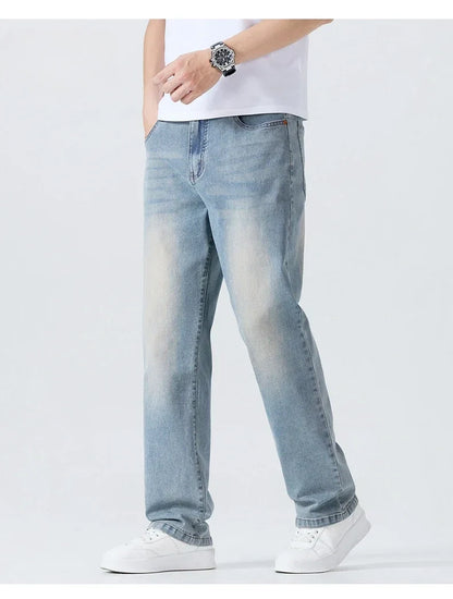 Summer Thin Straight Jeans Men's Clothing Soft Breathable Trousers Male Brand Comfortable Business Loose Denim Pants