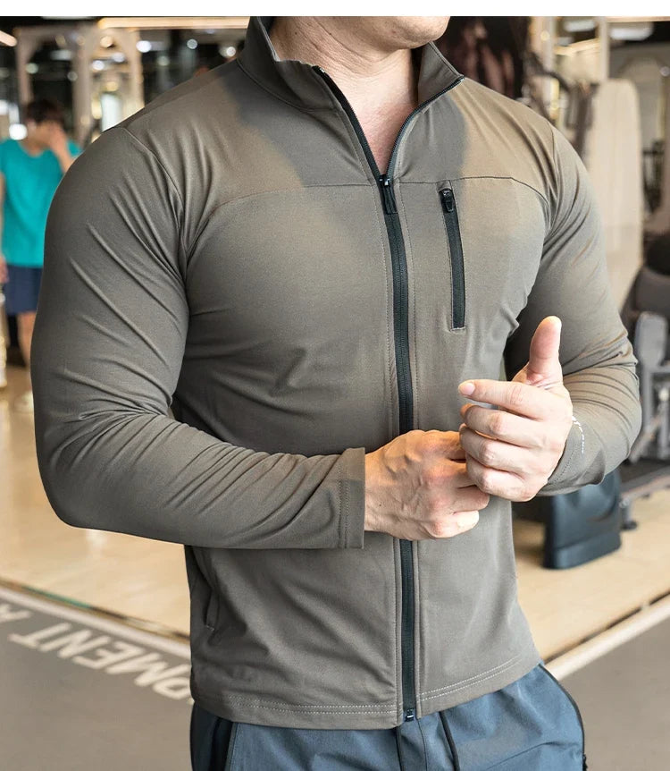 Quick Drying Clothes Men Autumn Sports T-shirt Stand Neck Loose Long Sleeved Outdoor Running Tracksuit Breathable Half Zip Top