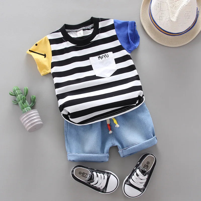 Korean Version Baby  Short-Sleeved Clothing Suits Summer Cotton Children's T-Shirt + Denim Shorts Sets Handsome